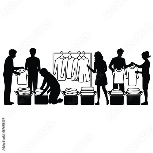 people sorting and folding clothes in a laundry or dry cleaning setting