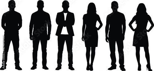Black silhouettes of six people standing in various poses white background