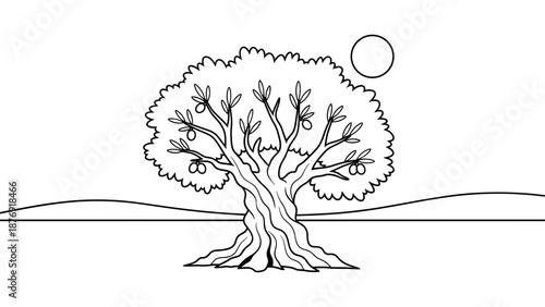 Outline of olive tree with sun in minimalist landscape design