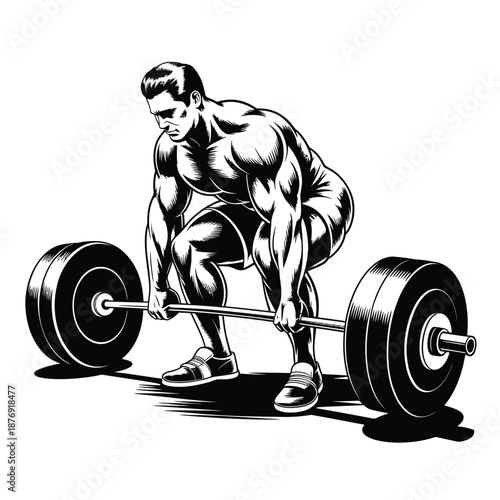 Powerful weightlifter performing a deadlift with heavy barbell weights