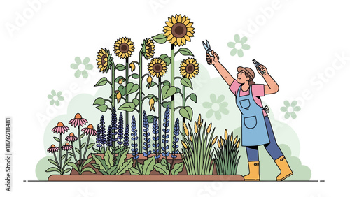 Woman Trimming Sunflowers In A Flourishing Garden During A Beautiful Day