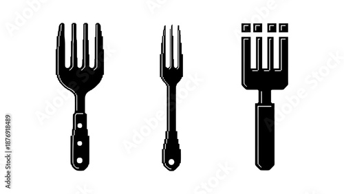 Silhouette fork designs: three distinct black cutlery styles on white background