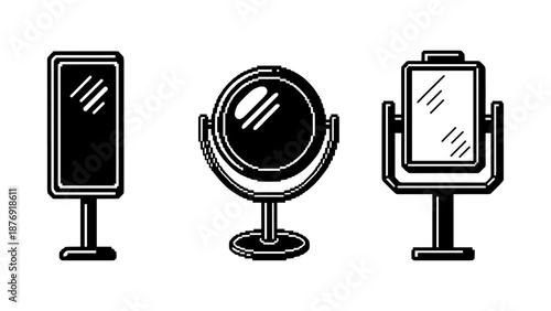 Minimalist black and white mirror icons set in pixel art style