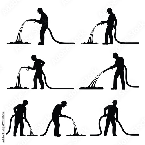 Silhouettes of people watering and sweeping with hoses and brooms