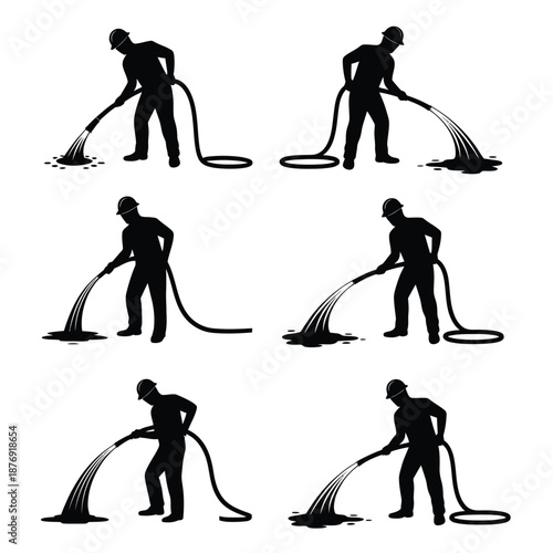 Silhouettes of workers using hoses to clean surfaces detailed vector illustration