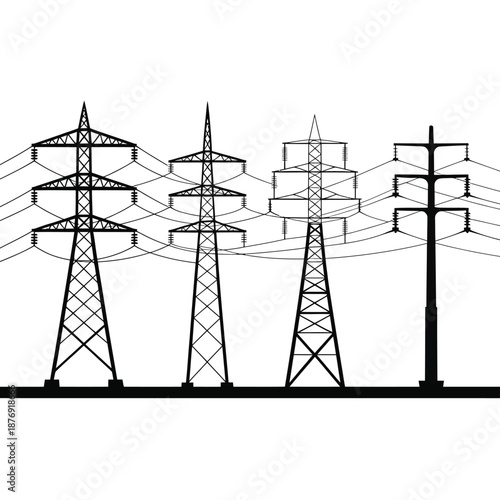 Silhouetted Electrical Power Transmission Towers Against A White Background