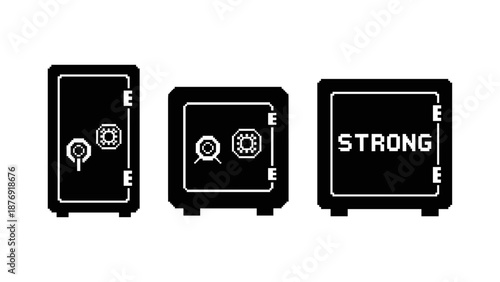 Pixel art bank safes with combination locks and strong message design