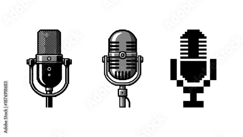Vintage microphone trio in flat, linear, and pixel art style
