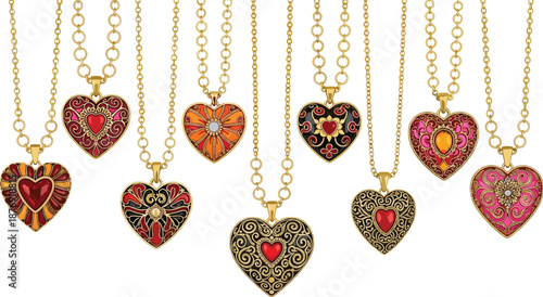Gold heart shaped pendants with colorful on chains necklace jewelry