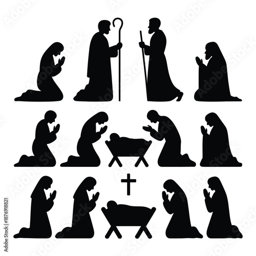 Silhouettes of worshipers and nativity scene figures in black and white
