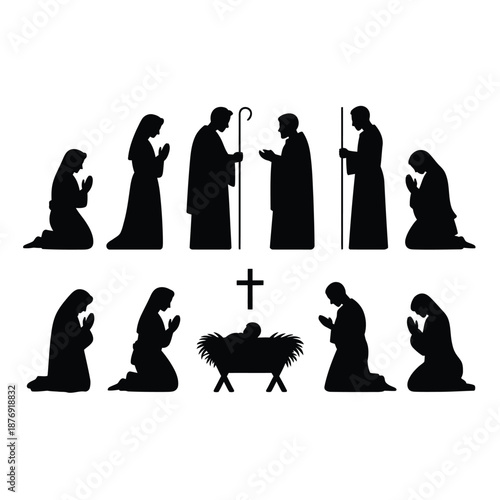 Silhouettes of figures in prayer and nativity scene depiction