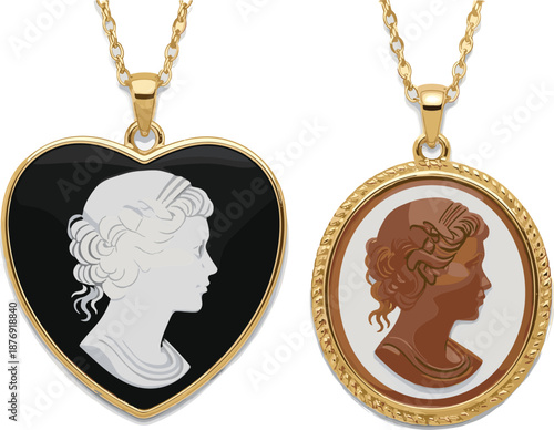 Gold necklaces with cameo pendants heart shaped