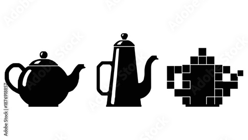 Black silhouette teapots and coffeepot with pixel art variation