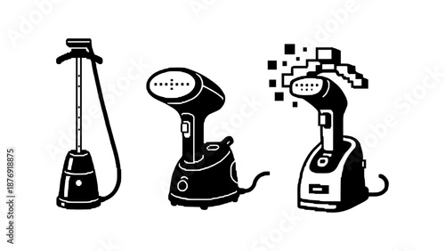 Vector art of three steamers in pixelated, flat, and halftone styles