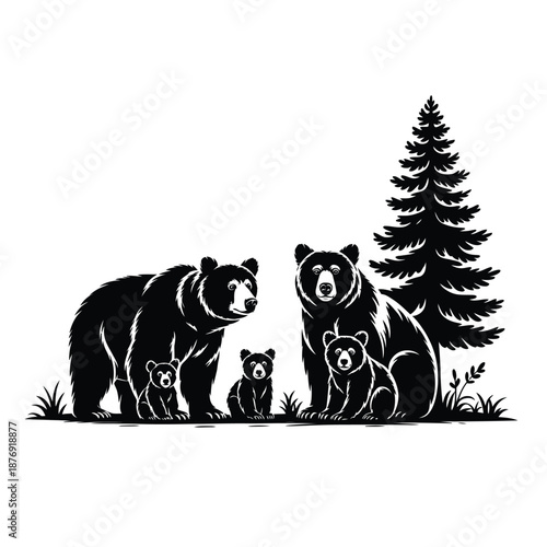 A black and white illustration depicting a bear family in nature