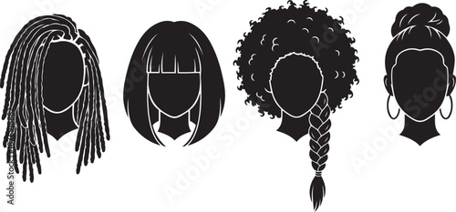 Four black and white silhouettes of women with different hairstyles