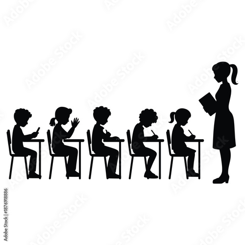 A teacher instructing students at their desks in a classroom setting