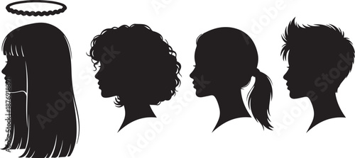 Four black silhouette profiles of women with different hairstyles and a halo above one