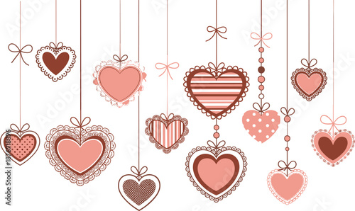Hanging hearts in various pink and brown colors and patterns Valentine's Day