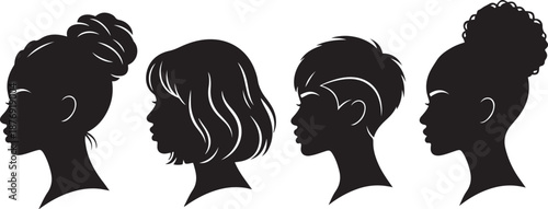 Four black silhouette profiles of women with different hairstyles