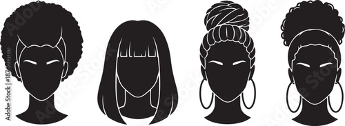 Four Black Silhouette Women with Different Hairstyles curly hair