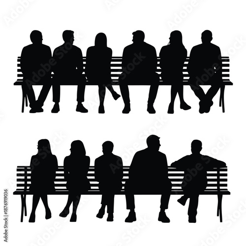 silhouettes of people sitting on benches in various positions