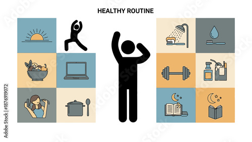Healthy Routine Infographic with Fitness Icons.