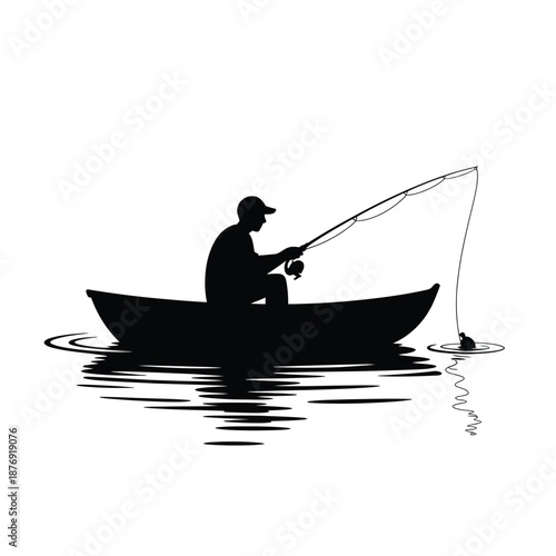 man sitting in a boat fishing with a rod and line in water
