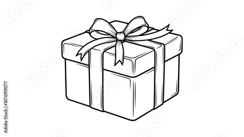 Elegant gift box with ribbon in black and white line art style