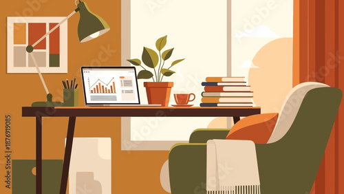 Home Office Desk with Laptop and Accessories.