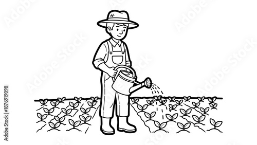 Line art of farmer watering plants in agricultural field