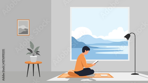 Man Sitting on Rug Using Tablet.