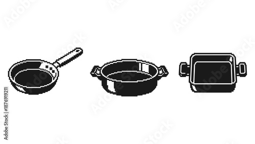 Pixel art cookware set: frying pan, pot, and roasting tray