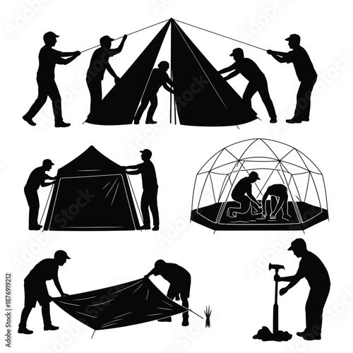 People assembling various types of tents and shelters in silhouette