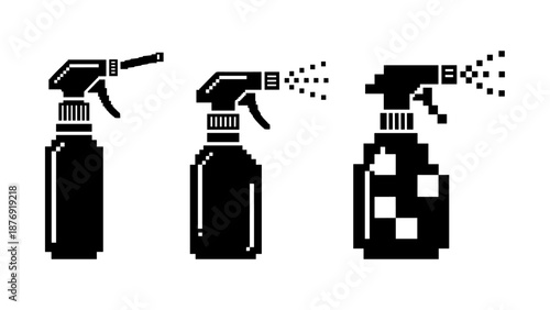 Retro pixel art spray bottle designs with minimalist black and white style