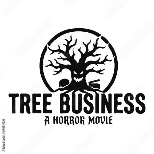 Scary horror movie production logo with tree and skull silhouette.
