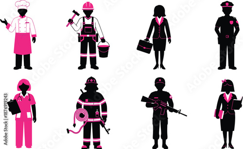 Pink outlined silhouettes of various occupations chef construction worker businesswoman