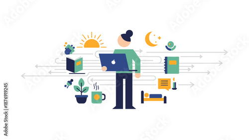 Man Working on Laptop with Time Management.