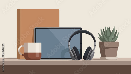 Modern Headphones and Tablet on Desk.