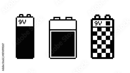 Retro pixel art 9v batteries collection in black and white