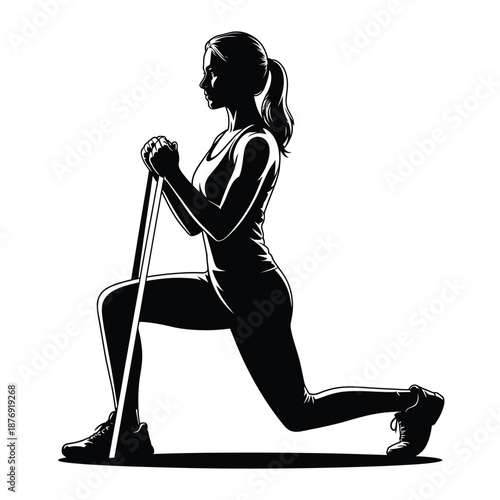 Woman exercising with resistance band performing a lunge silhouette