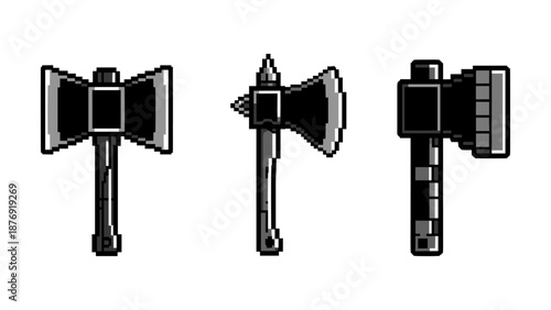 Pixel art retro axes set with viking hammer