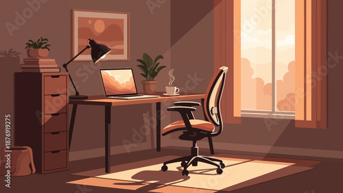 Modern Office Desk with Laptop and Chair.