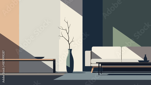 Modern Vase with Branches in Living Room.