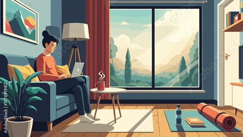 Woman Practicing Yoga at Home with Laptop.