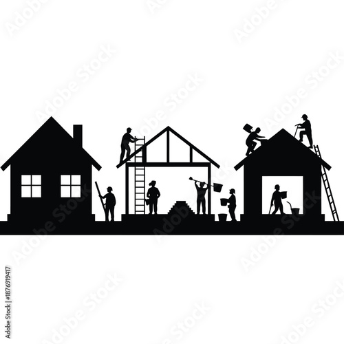 construction workers building and repairing houses in a row