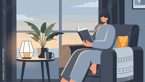 Woman Reading Book in Armchair Relaxing.