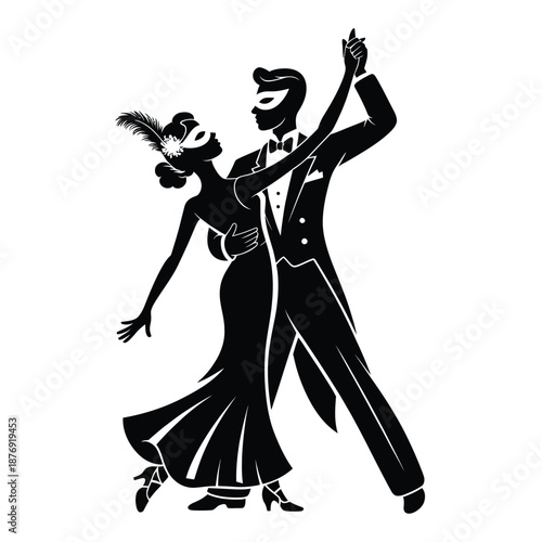 Elegant couple in a passionate dance silhouetted against a white background