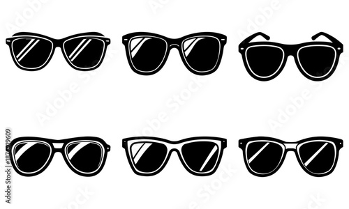 Six pairs of black sunglasses with white outlines on a white background