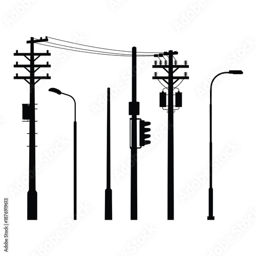 Silhouette of various utility poles and streetlights against a white background